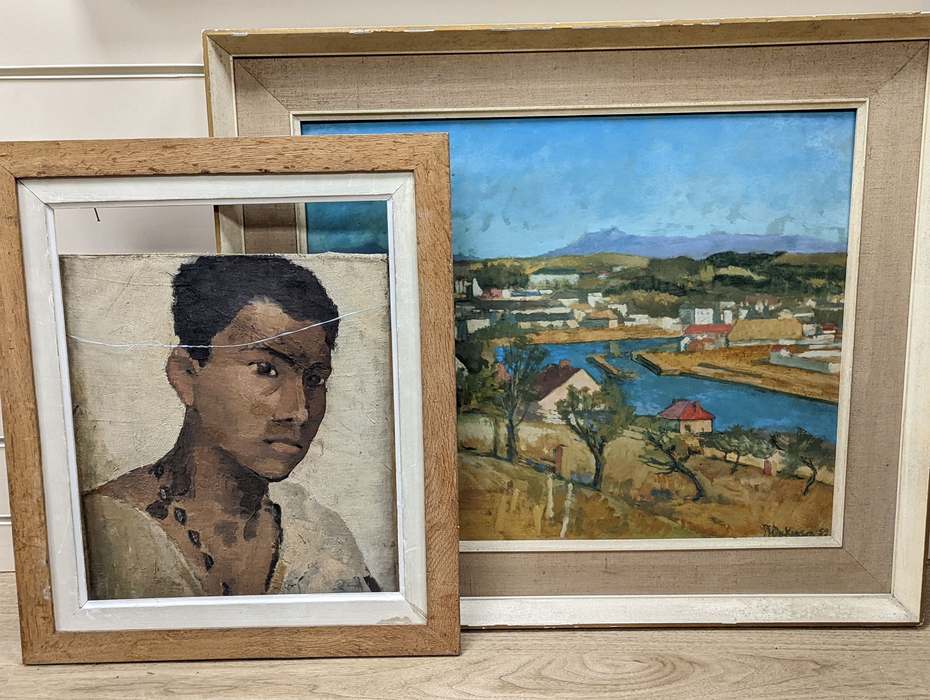 P.H. Dickinson, oil on board, River landscape, signed and dated '59, 45 x 55cm and an unsigned oil of a youth, 40 x 32cm